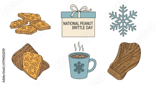 A collection of winter and holiday-themed items including peanut brittle, a gift box, a snowflake, hot chocolate, and a knitted sock.