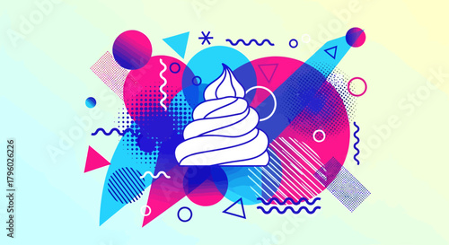 Vibrant abstract geometric background featuring a stylized white swirl icon, reminiscent of soft serve ice cream or whipped cream.