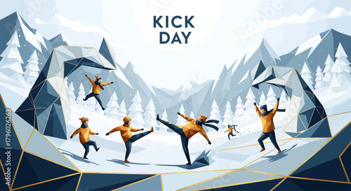Stylized illustration of people in yellow winter jackets kicking and playing in a snowy mountain landscape with geometric ice formations, celebrating 'Kick Day'.