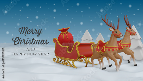 christmas background with red santa claus bag in a sleigh eith reindeers