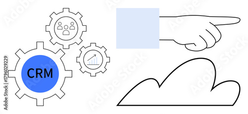 CRM inside connected gears, pointing hand, and a cloud shape signify teamwork, data management, strategy, communication, collaboration, automation and technology. Ideal for digital tools simple