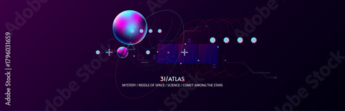 Dark retro futuristic 3I ATLAS cyberpunk elements abstraction background cosmos synthwave vaporwave retrowave glitch circle with blue and pink glows