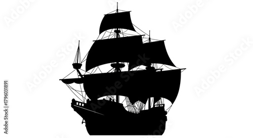 Dramatic Pirate Galleon Silhouette with Full Sails on White Background