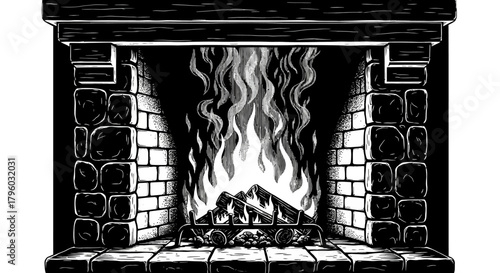 Cozy Hand-drawn Stone Fireplace with Blazing Fire and Rising Smoke