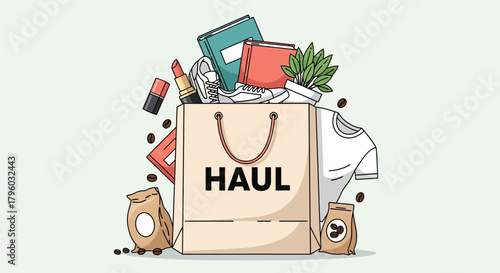 Shopping Haul Bag Overflowing with Books Shoes Makeup in Flat Cartoon Style