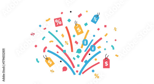 Dynamic Burst of Colorful Sales Icons Percentages and Digital Confetti