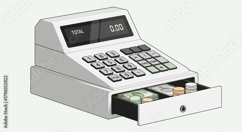 Modern Isometric Cash Register with Open Drawer Showing Banknotes and Coins