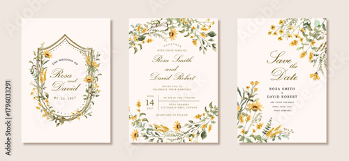 wedding invitation set with yellow wildflower watercolor frame