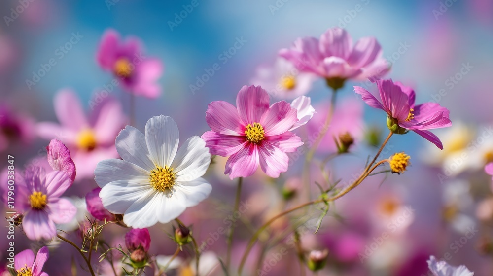 Fototapeta premium Colorful Wildflowers in Bloom Against a Blue Sky with Soft Focus, Celebrating the Beauty of Nature and the Vibrancy of Springtime Landscapes
