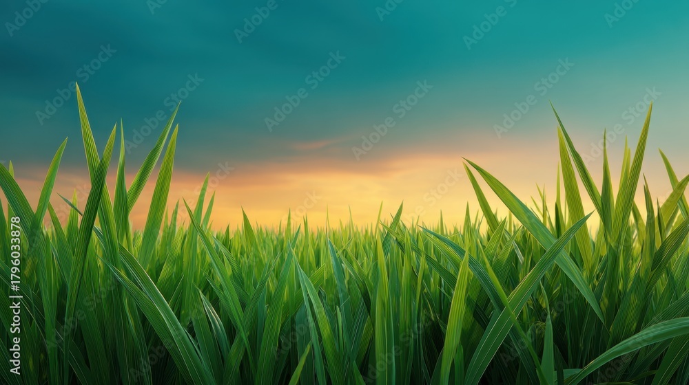 Obraz premium Lush Green Grass Under a Dramatic Sky at Sunset with Vibrant Hues of Blue and Orange Illuminating the Landscape in Early Evening
