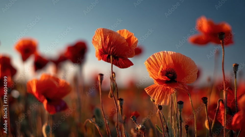 Obraz premium Vibrant Poppy Flowers in Sunlit Meadow, Captivating Colors and Delicate Petals, Nature's Beauty at Sunrise with Soft Background Blur