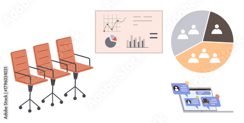Three office chairs beside analytics charts, pie chart with team segments, and chat messages on screens. Ideal for teamwork, data analysis, project planning, business collaboration, communication