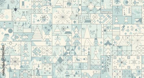 Charming winter mosaic pattern with festive trees and snowflakes for holiday design