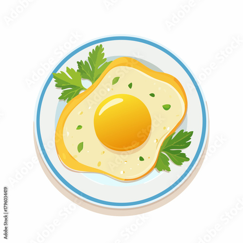 A perfectly cooked fried egg with fresh parsley garnish on a white plate with blue trim, overhead view, breakfast food illustration