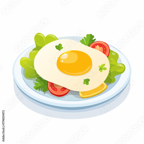 Illustration of a delicious fried egg on a plate with fresh vegetables, perfect for breakfast or brunch