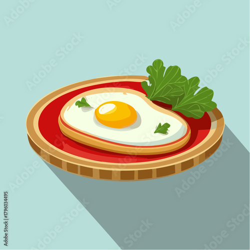 Delicious Fried Egg Served on a Toast with Fresh Green Parsley and a Red Plate, Ready to Eat