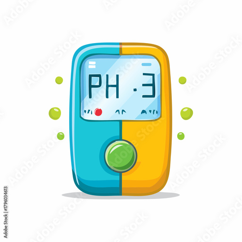 Vibrant cartoon illustration of a digital pH meter displaying an acidic reading, perfect for educational content or scientific concepts related to chemistry and laboratory testing