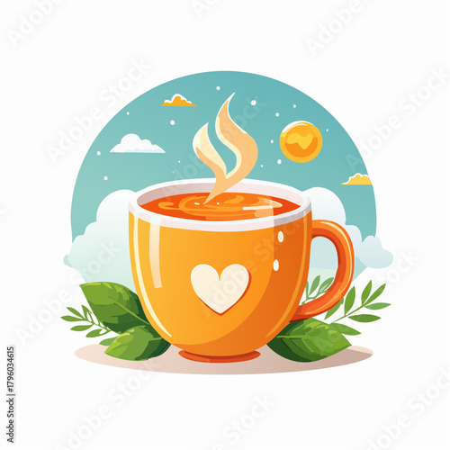 A comforting illustration of a steaming warm beverage in a cheerful yellow mug with a heart, surrounded by fresh green leaves, against a serene sky, embodying peace