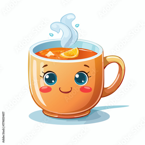 A cheerful and cute kawaii cartoon mug of hot tea with a happy smiling face and a slice of lemon, isolated on a white background