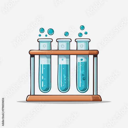 Scientific discovery concept with a chemical experiment in glass test tubes filled with bubbling blue liquid, isolated on a light background