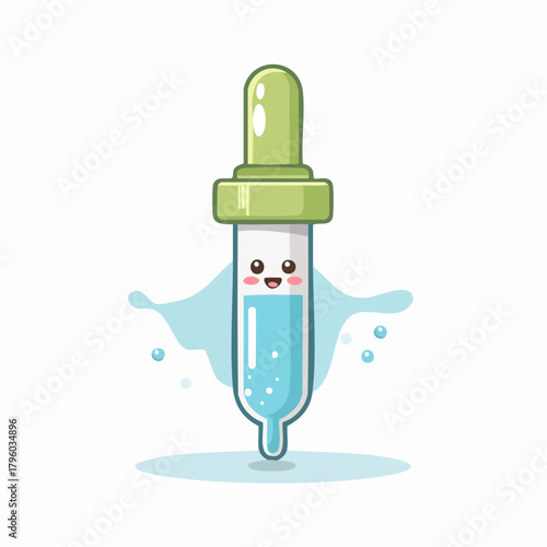 Vector illustration of a cute eyedropper mascot with a smiling face, filled with blue liquid for science or healthcare concepts