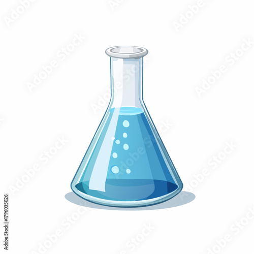 A vibrant illustration of a glass conical flask containing a bubbling blue chemical liquid, symbolizing scientific experiments, research, and discovery
