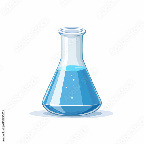 An isolated icon of a conical laboratory flask containing a bubbling blue liquid, symbolizing chemistry, scientific research, and discovery
