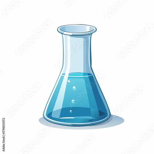 Vibrant blue liquid bubbling inside a classic laboratory flask, symbolizing scientific research, chemical experiments, and educational discoveries in a bright, clean illustrative style