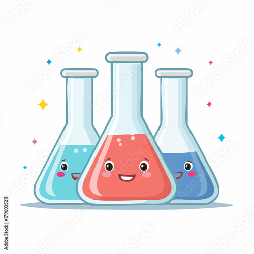 Three cheerful cartoon laboratory flasks, each with a happy face, brimming with vibrant, colorful liquids, symbolizing fun and accessible chemistry experiments and scientific learning