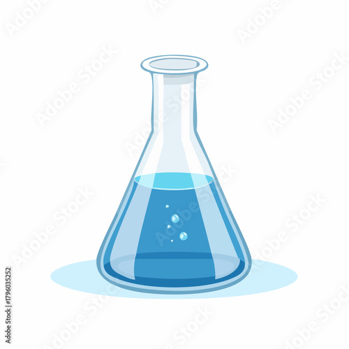 Glass laboratory flask with blue liquid and bubbles, a classic scientific experiment tool