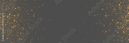 Gold glitter background. Christmas magic effect. Holiday shiny particles border. Luxury dust and sparks for greeting card, brochure or invitation. Glowing stardust texture. Vector illustration.