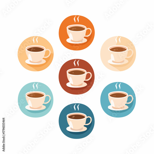 A vibrant set of steaming coffee cup icons, representing diverse hot beverages and the comforting essence of a daily ritual or a relaxing coffee break