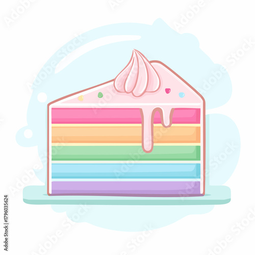 A delightful slice of rainbow cake topped with pink frosting and dripping glaze, presented on a light blue platter against a pastel background