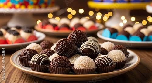 Brazilian brigadeiros on ceramic plate, festive dessert background