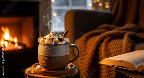 Hot chocolate with marshmallows and cinnamon stick, cozy winter mood