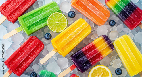 Colorful fruit popsicles on ice