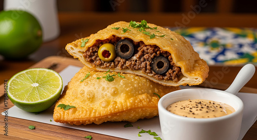 Brazilian pastel with lime and pepper sauce