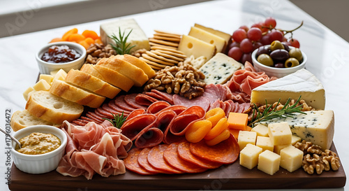 Gourmet charcuterie board with meats, cheeses, and bread