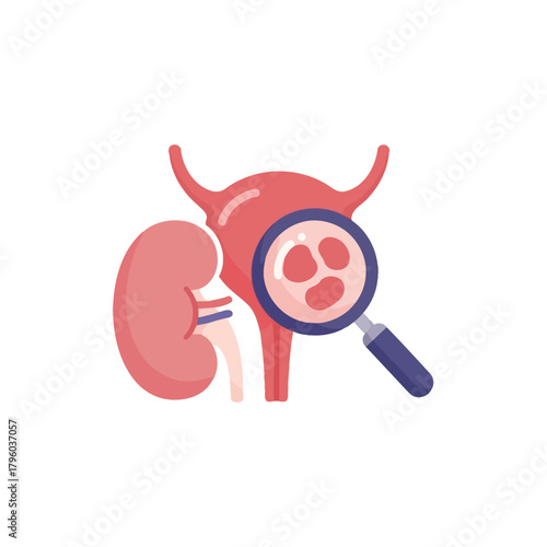 Illustration of kidney inspected with magnifying glass for renal health examination