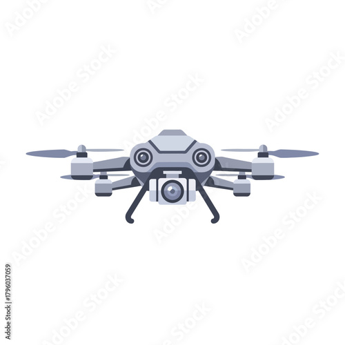 Front view of a modern quadcopter drone with camera and extended propellers