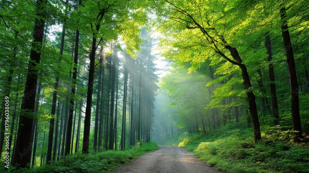Naklejka premium Serene Forest Pathway Surrounded by Lush Green Trees and Soft Sunlight Filtering Through Foliage, Inviting Nature Exploration and Tranquility