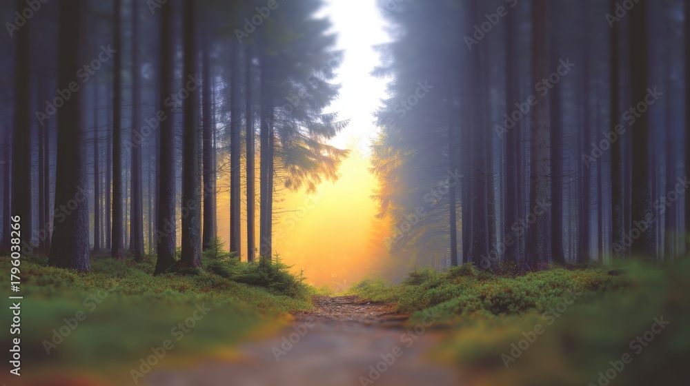 Obraz premium Serene Forest Pathway Leading to Glowing Sunrise Amidst Tall Trees and Enchanting Fog in a Calm Natural Landscape