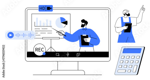 Business professionals presenting charts and data on a virtual screen with recording and playback features. Ideal for teamwork, education, data analysis, training, remote work, productivity, simple