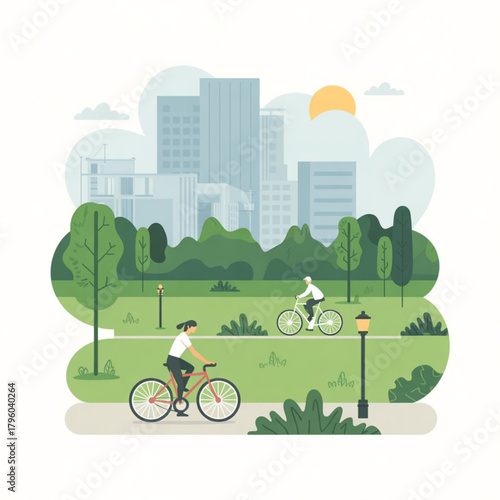 People cycling through a green park with city buildings in the background.