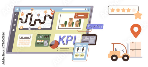 KPI stats on dashboard, route planning, inventory, forklift moving goods, and ratings. Ideal for logistics, supply chain, productivity tracking data analysis planning efficiency. Simple flat