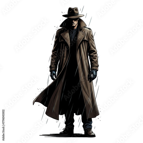 Mysterious Man in Trench Coat and Fedora Standing in Shadows Dramatic Lighting Full Body Portrait