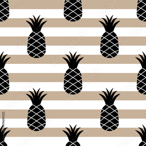 Seamless summer tropical pineapple pattern on striped background. Vector background for fabric, print, cover, parer, wallpaper