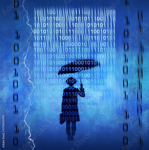 A businessman with his umbrella is seen finding his way through a data storm of one and zeros and lightning in a 3-d illustration.