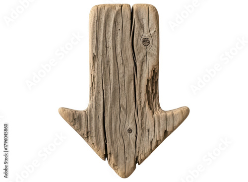 Textured wooden arrow pointing down, made from natural aged timber.