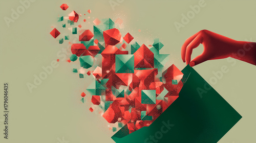 A hand opens a folder full of red and green geometric shapes that float upwards like abstract seasonal innovations